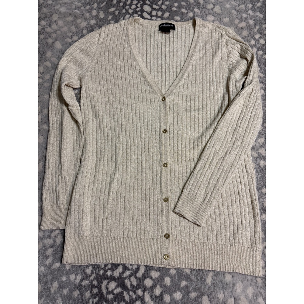 Liz Claiborne Career Cardigan Sweater Cream Gold Metallic Ribbed V-Neck Large